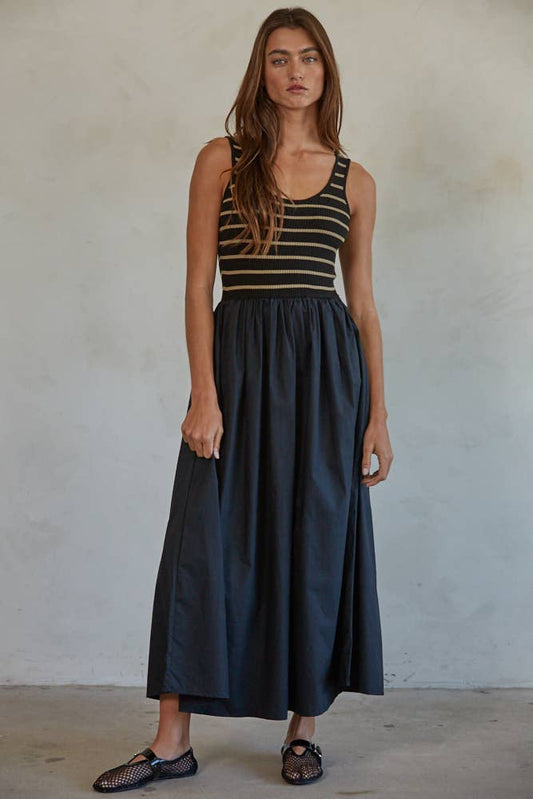 Knit Striped Ribbed Bodice Flare Dress
