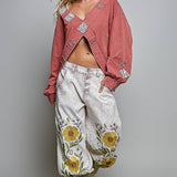 Vintage Floral Artisan Embroidered Twill Jogger Pants