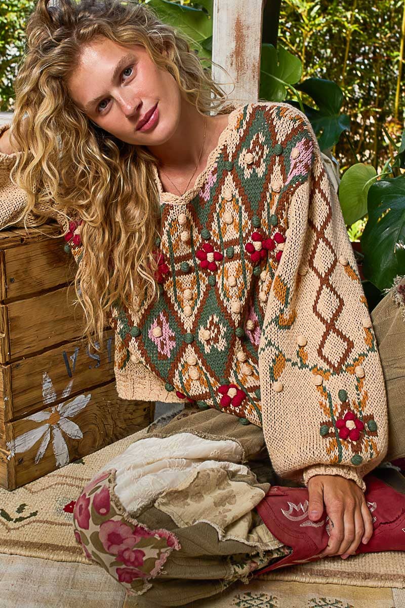 Aztec Pattern Floral Detail Sweater