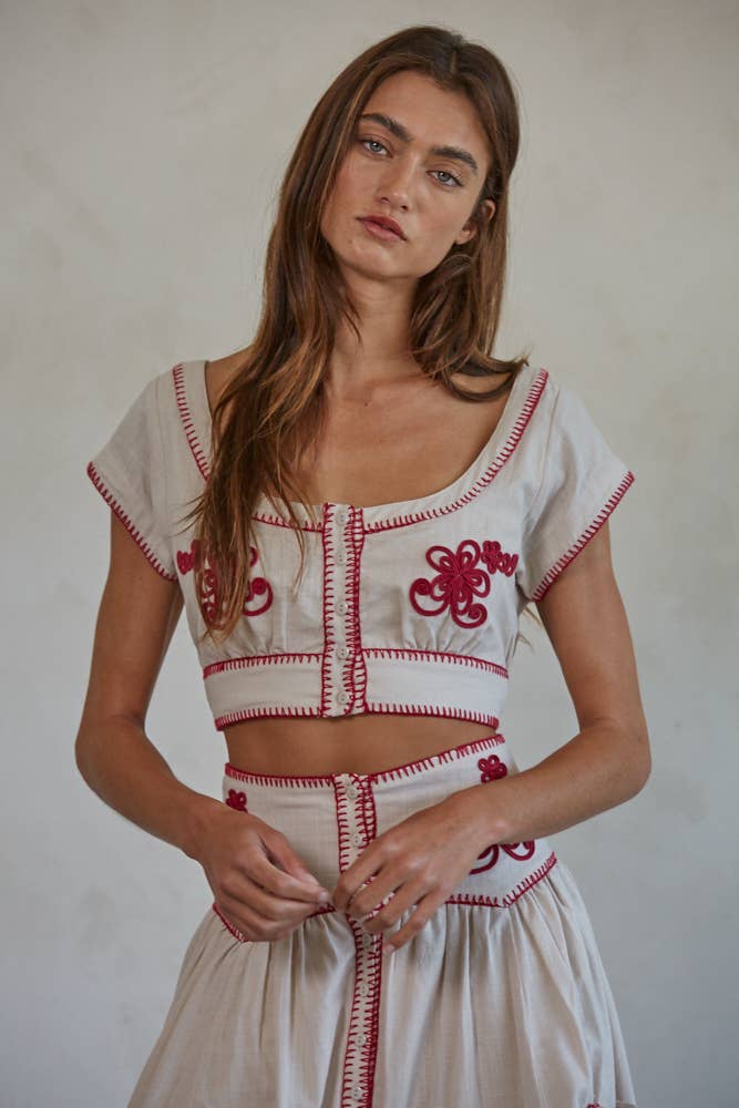 Woven Cotton Embroidered Cropped Blouse