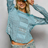 Long Sleeve Round Neck Lace Texture Knit Slim Fit Top