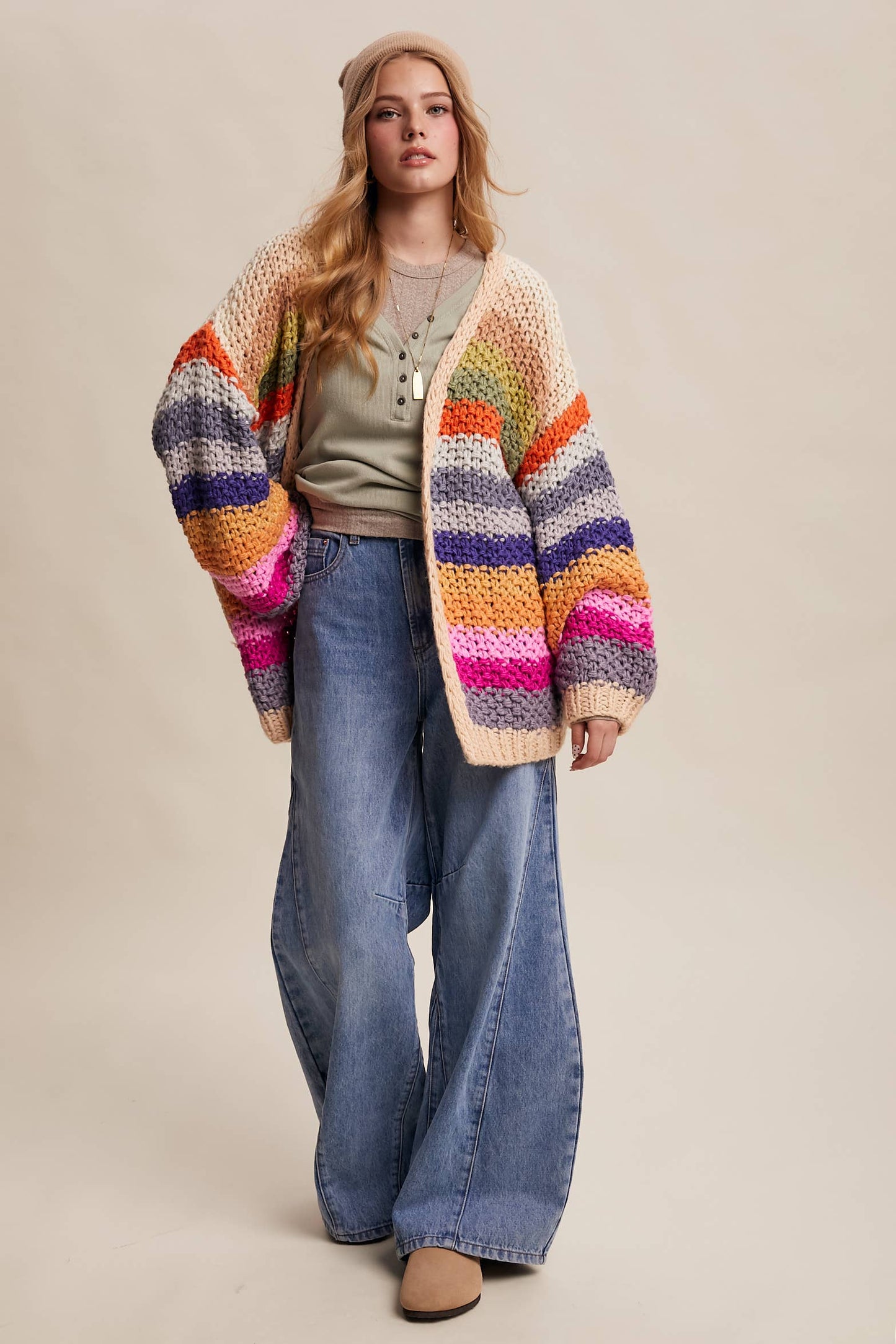 Rainbow Hand-Crochet Open Cardigan