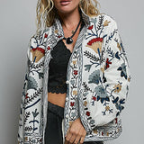 Embroidered Band Collar Knotted Button Woven Jacket