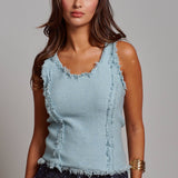 Frayed Trim Textured Knit Sleeveless Top