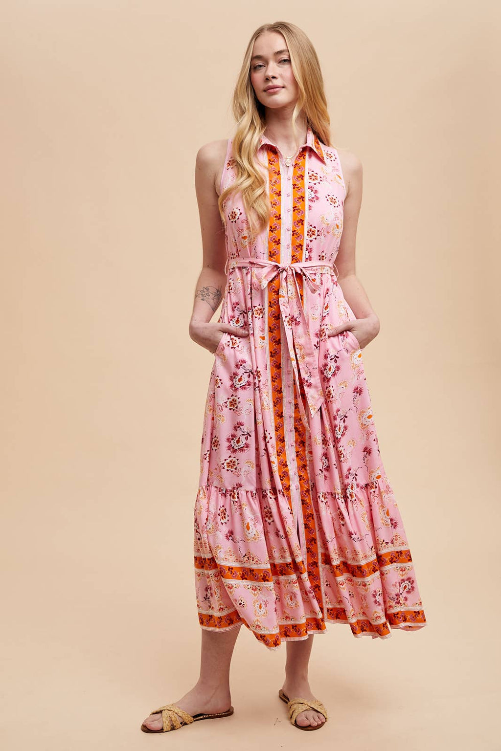 Printed Lapel Button Down Maxi Dress