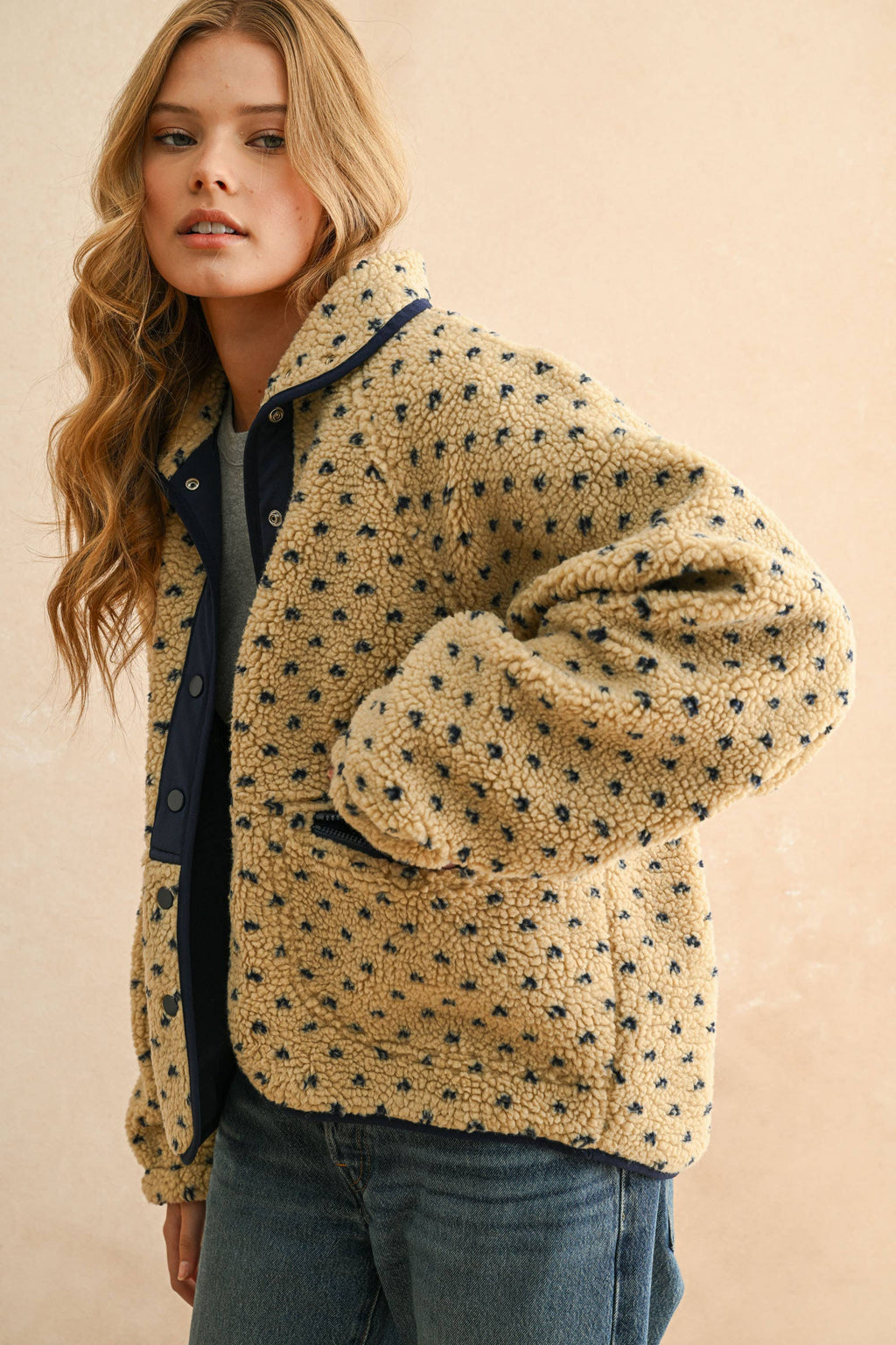 Button Front Polka Dot Sherpa Jacket