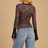 Multi Print Long Sleeve Mesh Henley Top