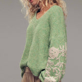 Romantic Floral Embroidered V-Neck Sweater