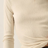 Solid Ribbed Knit Long-Sleeve Lace-Cuff Fitted Top