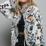 Embroidered Band Collar Knotted Button Woven Jacket