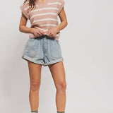 Spring Elastic Waist Cuffed Print Shorts