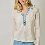 61698 Denim Mix Textured Knit Henley Top