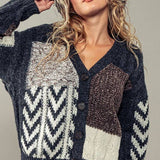 Patchwork Cable Knit V Neck Cardigan