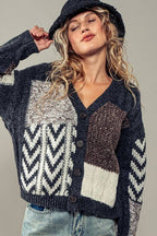 Patchwork Cable Knit V Neck Cardigan