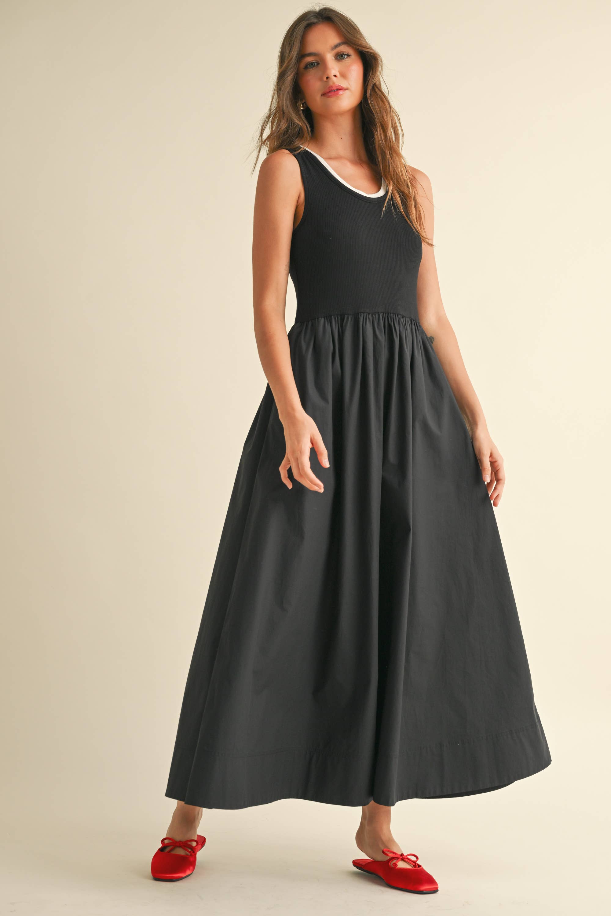 Ribbed Top Woven Skirt Dress