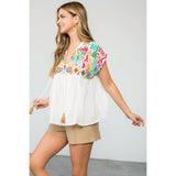 Embroidered Babydoll Tassel Tie Top