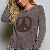Vintage Washing Solid Peace Stud Outseam Thermal Knit Top