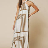 Geo Print Front Tie Keyhole Halter Maxi Dress
