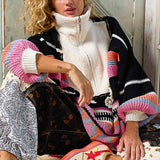 High Collar Half Zipper Ethnic Color Block Pullover Sweater