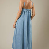 SLEEVELESS A-LINE LIGHT WEIGHT DENIM MAXI DRESS