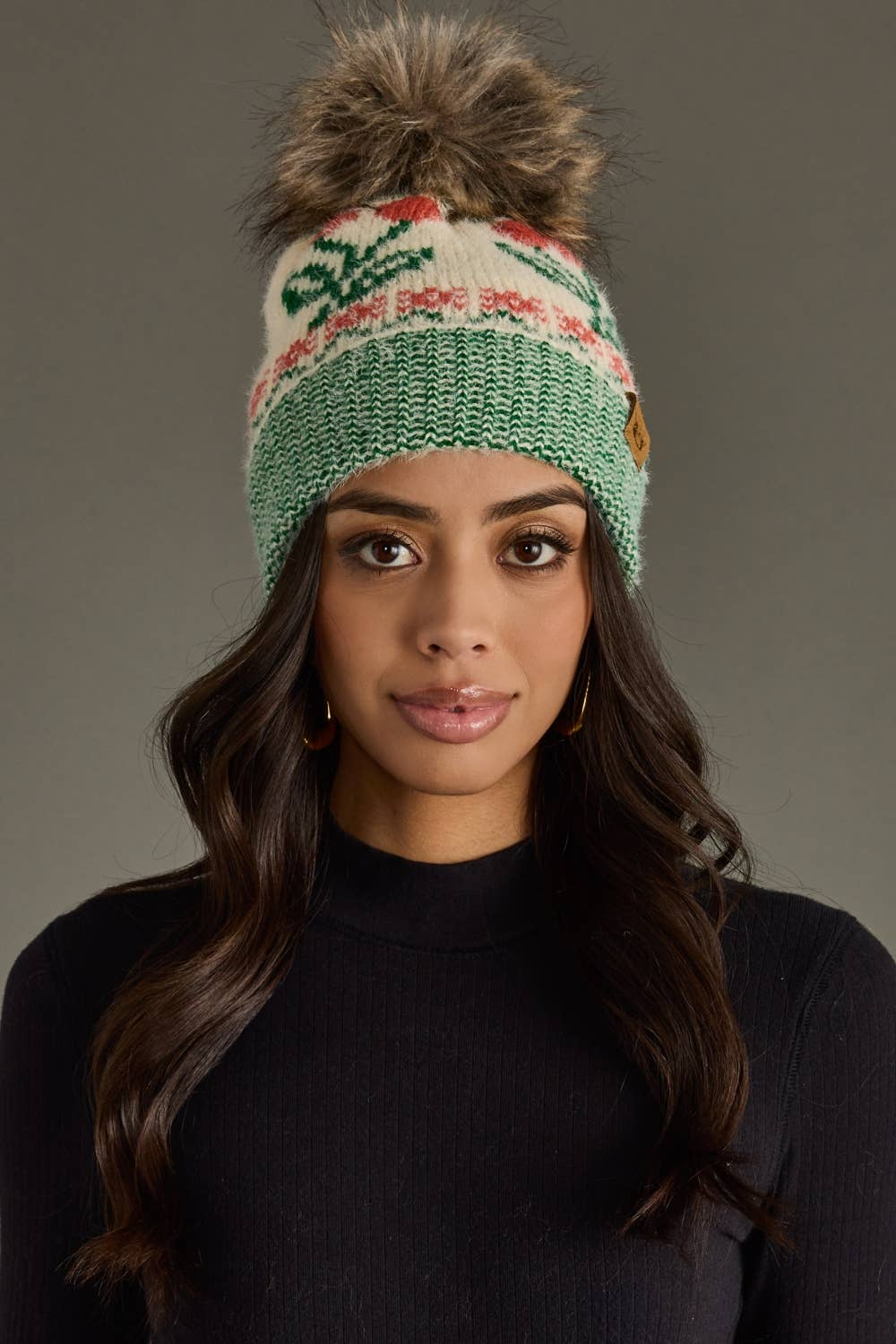 Ivory Cherry Pattern Pom Hat