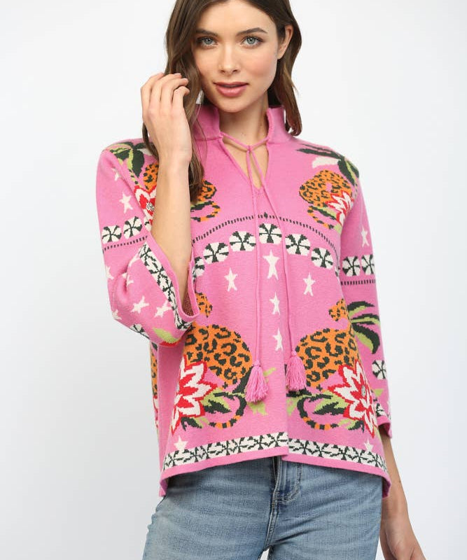 FRONT NECK TIE PRINT KNIT SWEATER FW10530