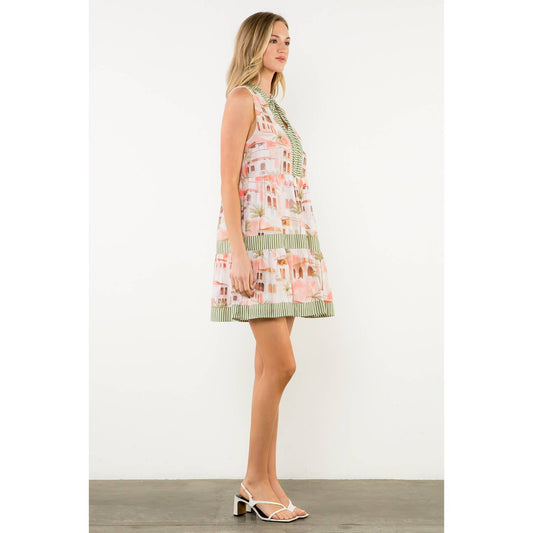 Striped Trim Architectural Print Dress
