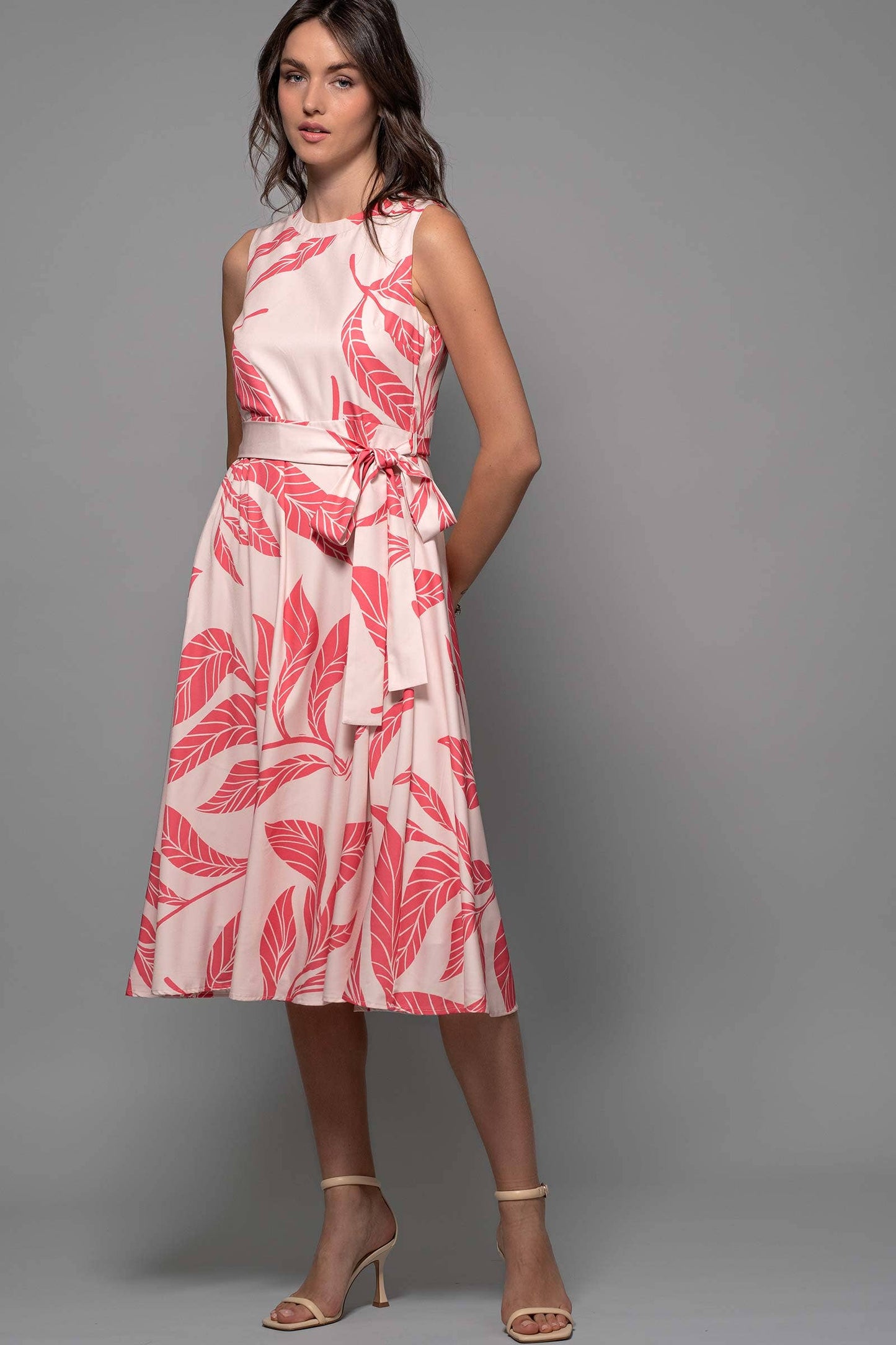 Tropical Leaf Print Belted A-Line Midi Dress