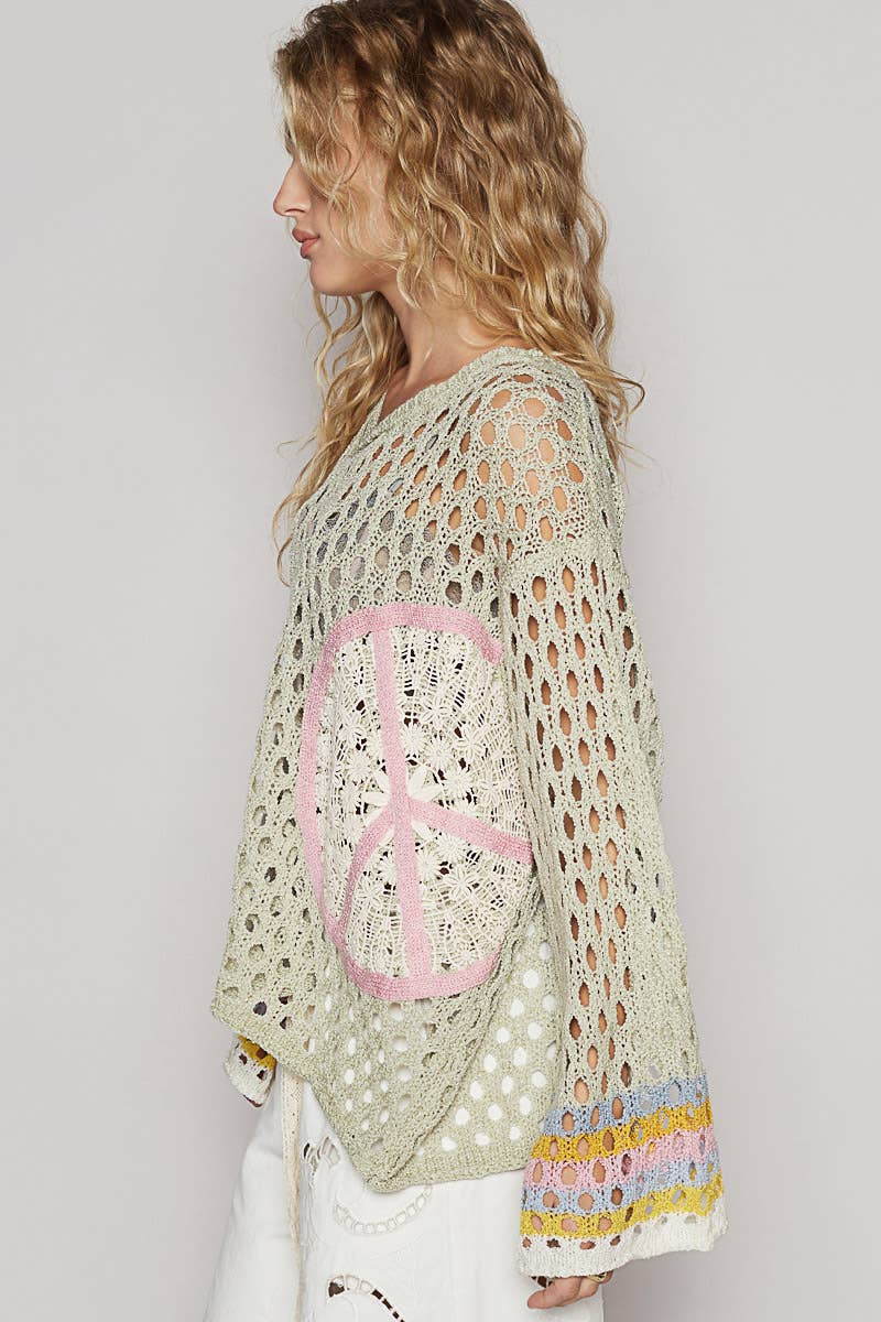 V-Neck Crochet Peace Sweater