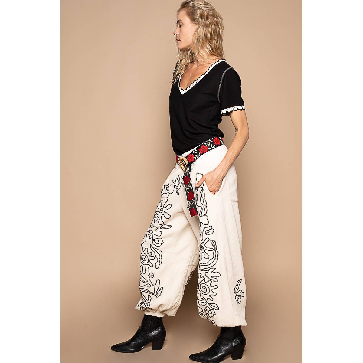 Floral Embroidered Twill Pants