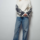 Embroidered Sleeve Ivory Knit Sweater