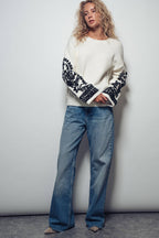 Embroidered Sleeve Ivory Knit Sweater