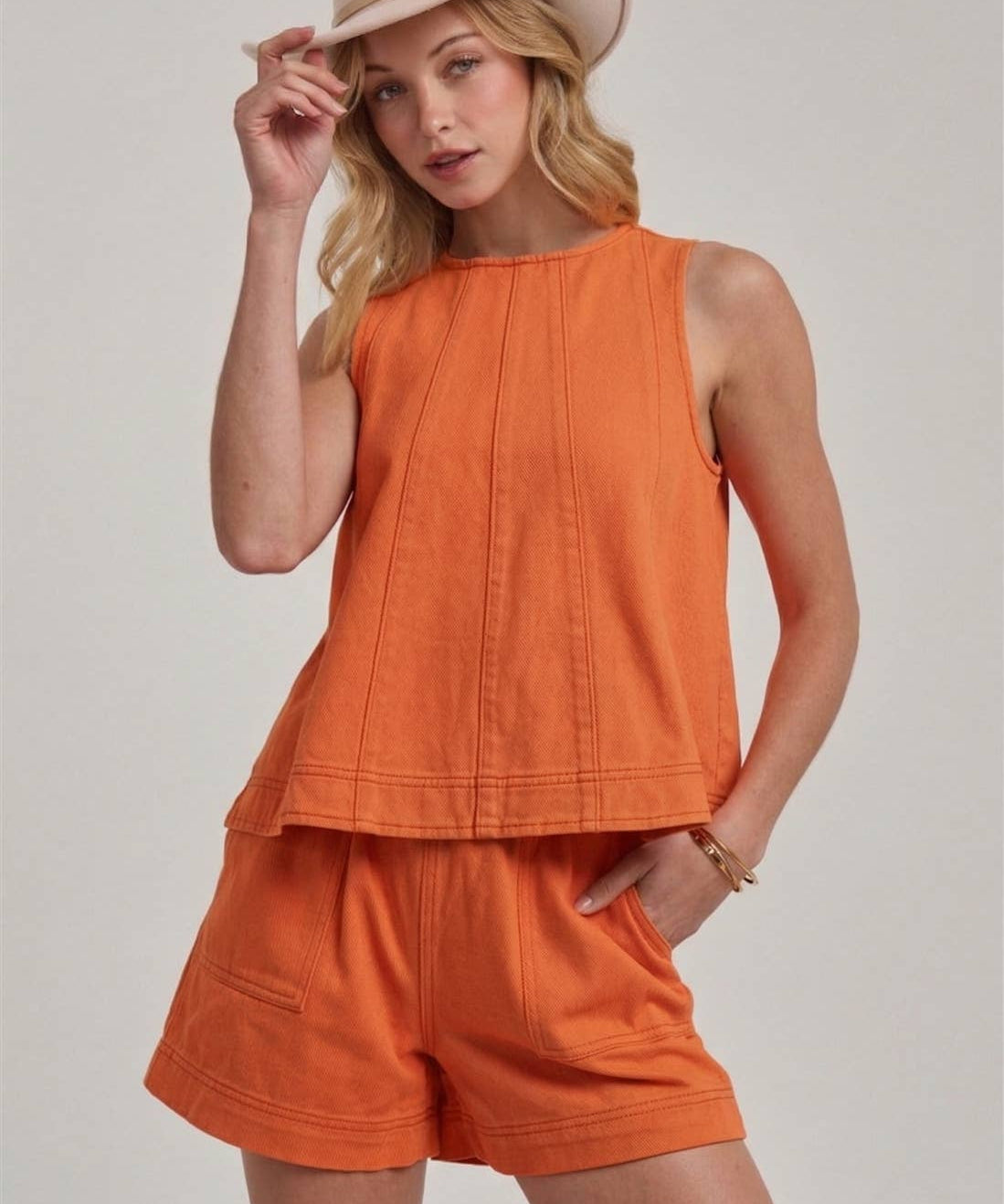 GAME DAY SLEEVELESS COLOR DENIM TOP AND MATCHING SHORTS SET