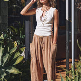 Striped Cotton Drawstring Harem Pants