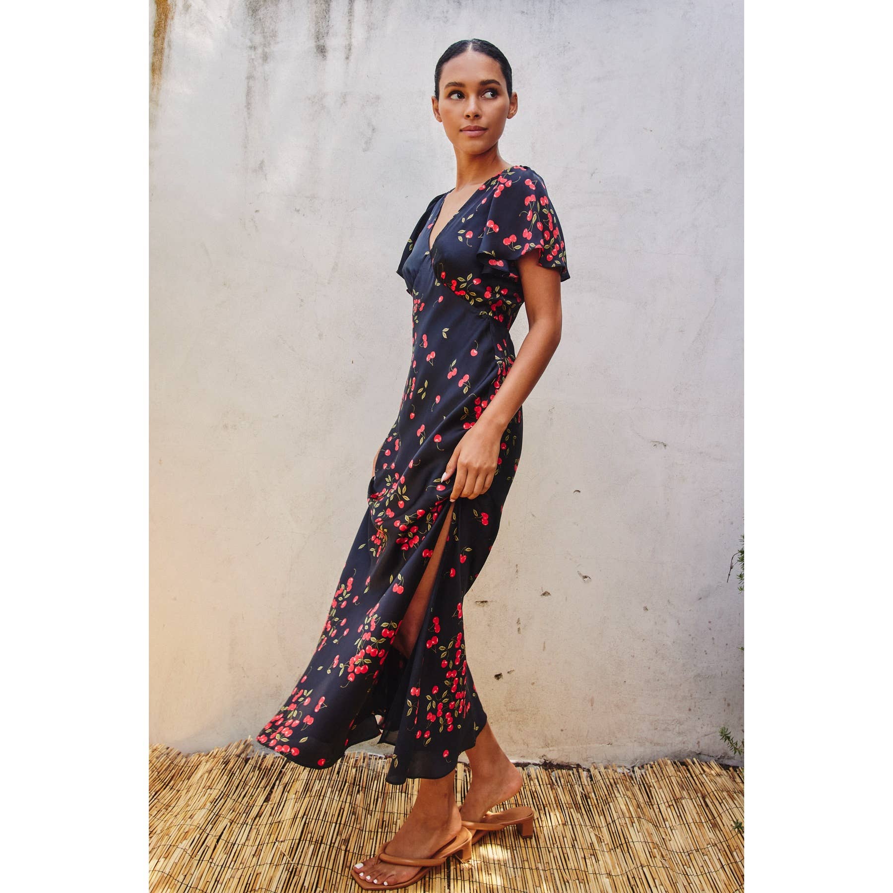 Cherry Print Flutter Sleeve Maxi Dress
