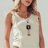 Frayed Trim Textured Knit Sleeveless Top