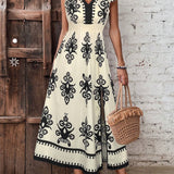 Floral Motif Ruffled Sleeve Slit Dress
