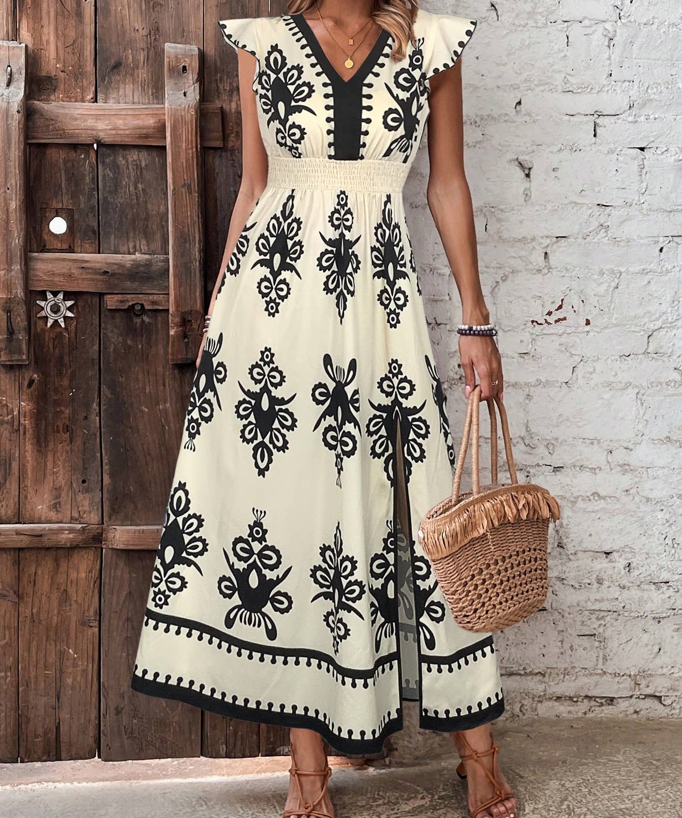 Floral Motif Ruffled Sleeve Slit Dress