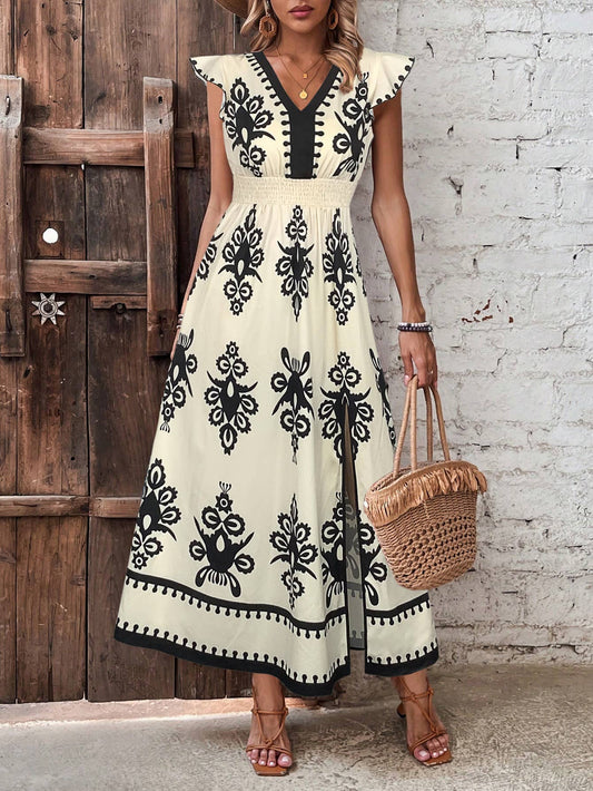 Floral Motif Ruffled Sleeve Slit Dress