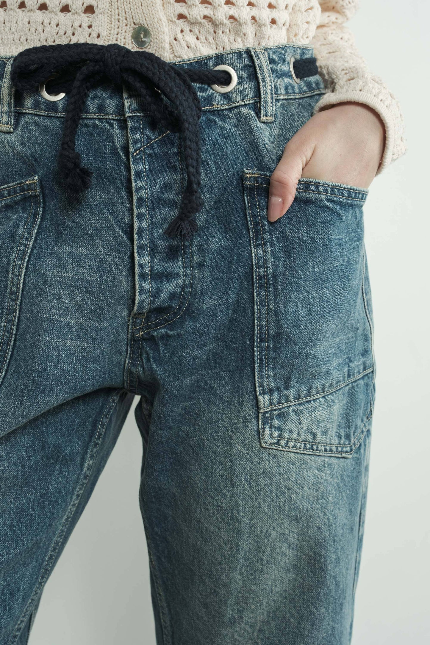 Barrel Denim Pants w/ Drawstring Waist