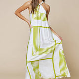 Geo Print Front Tie Keyhole Halter Maxi Dress