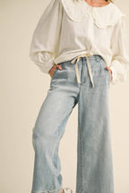 Washed Denim Pants with Tie Front