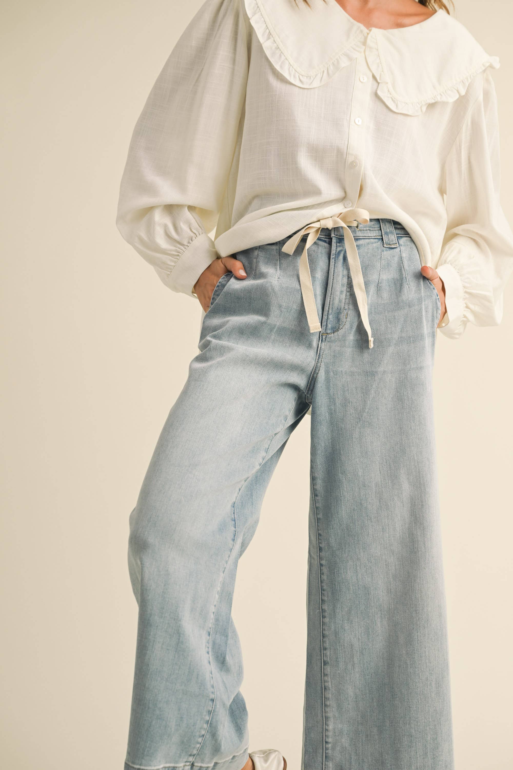 Washed Denim Pants with Tie Front
