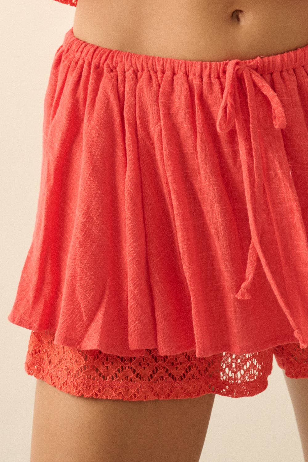 Cotton Gauze and Crochet Lace Gathered Drawstring Skort