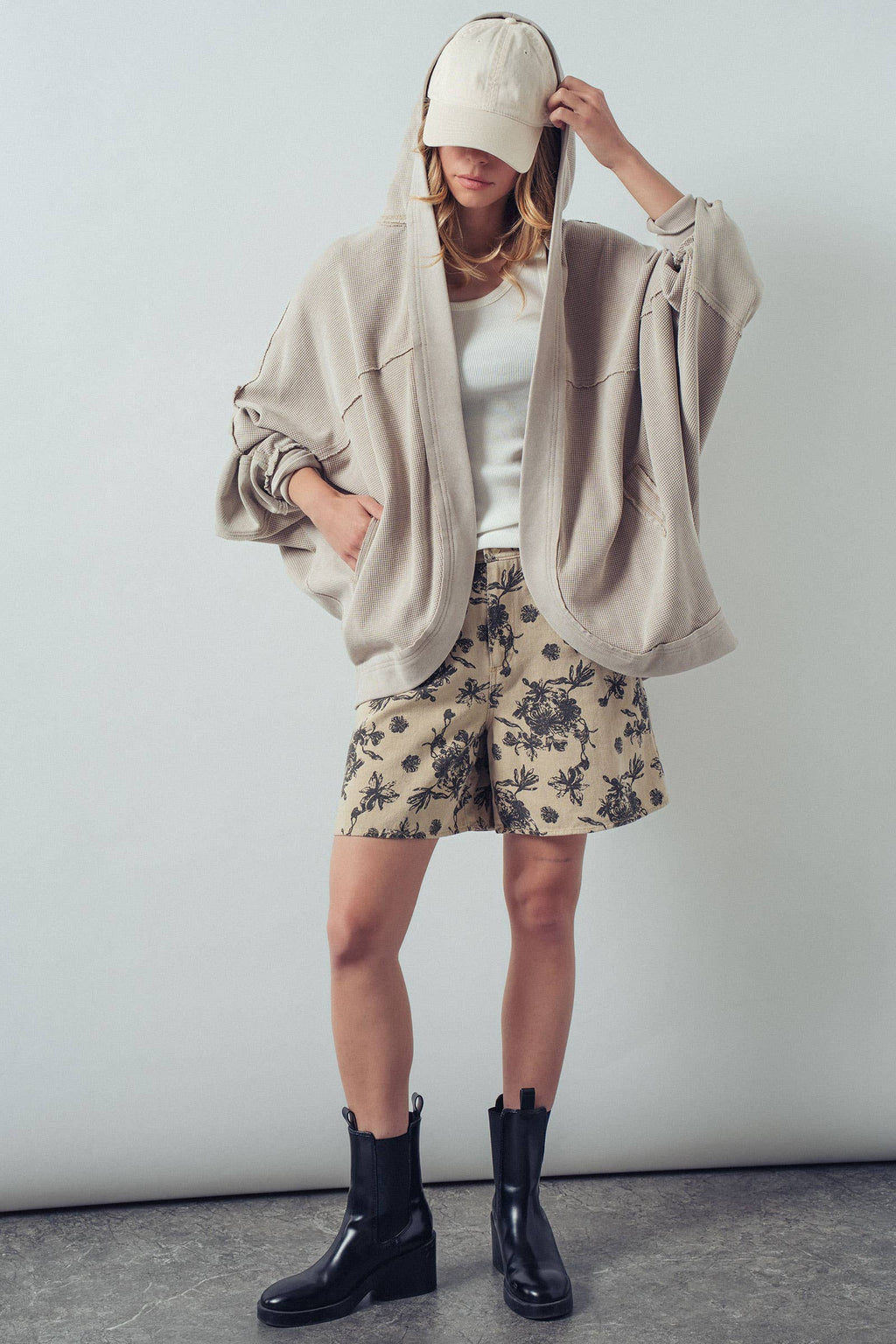 Washed Waffle Knit Hooded Cardigan