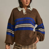 Striped Rugby Polo Sweater With Contrast Collar