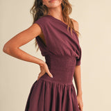 ID9559  OFF SHOULDER SMOCKED WAIST MINI DRESS
