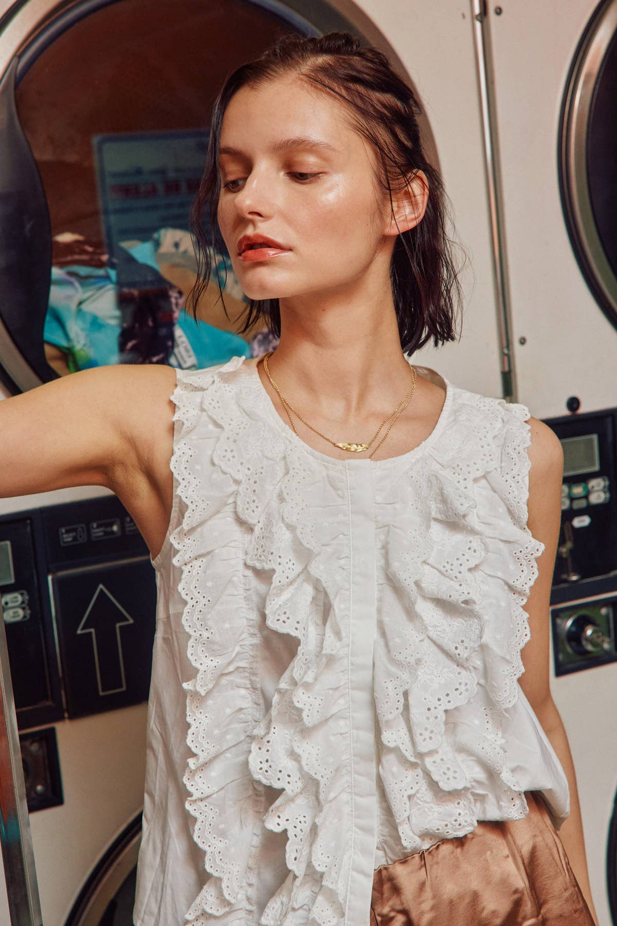 Cotton Lace Trim Button Down Top