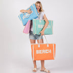 "Beach" Embroidered Fringe Tote Bag