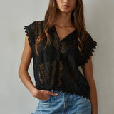 Woven Cotton Lace Buttondown Sleeveless Top